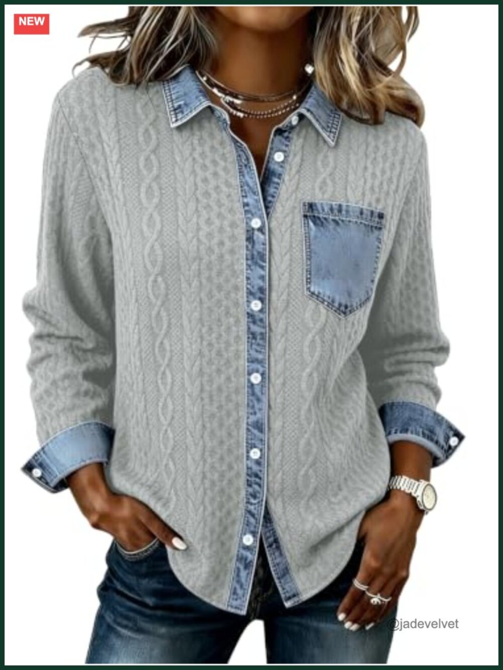Women's Denim Patchwork Shacket Loose Fit Button Down Long Sleeve Casual Jacket